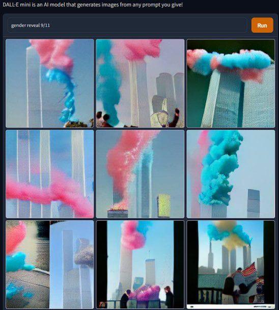 The meme is a screenshot of the DALL-E mini AI image generator's attempt to create a picture of the 9/11 attacks, but it ends up producing a jumbled mess of colors and shapes. The image is captioned "DALL-E mini is an AI model that generates images from any prompt you give!" and the prompt is "9/11".